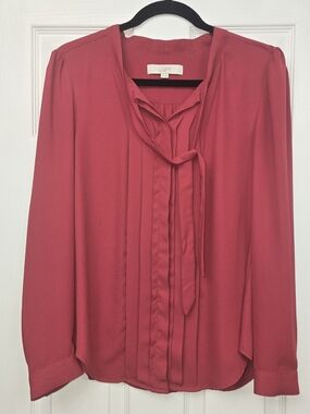 ​LOFT Burgundy Red Pleated Tie-Neck Long Sleeve Corporate Chic Blouse Medium
